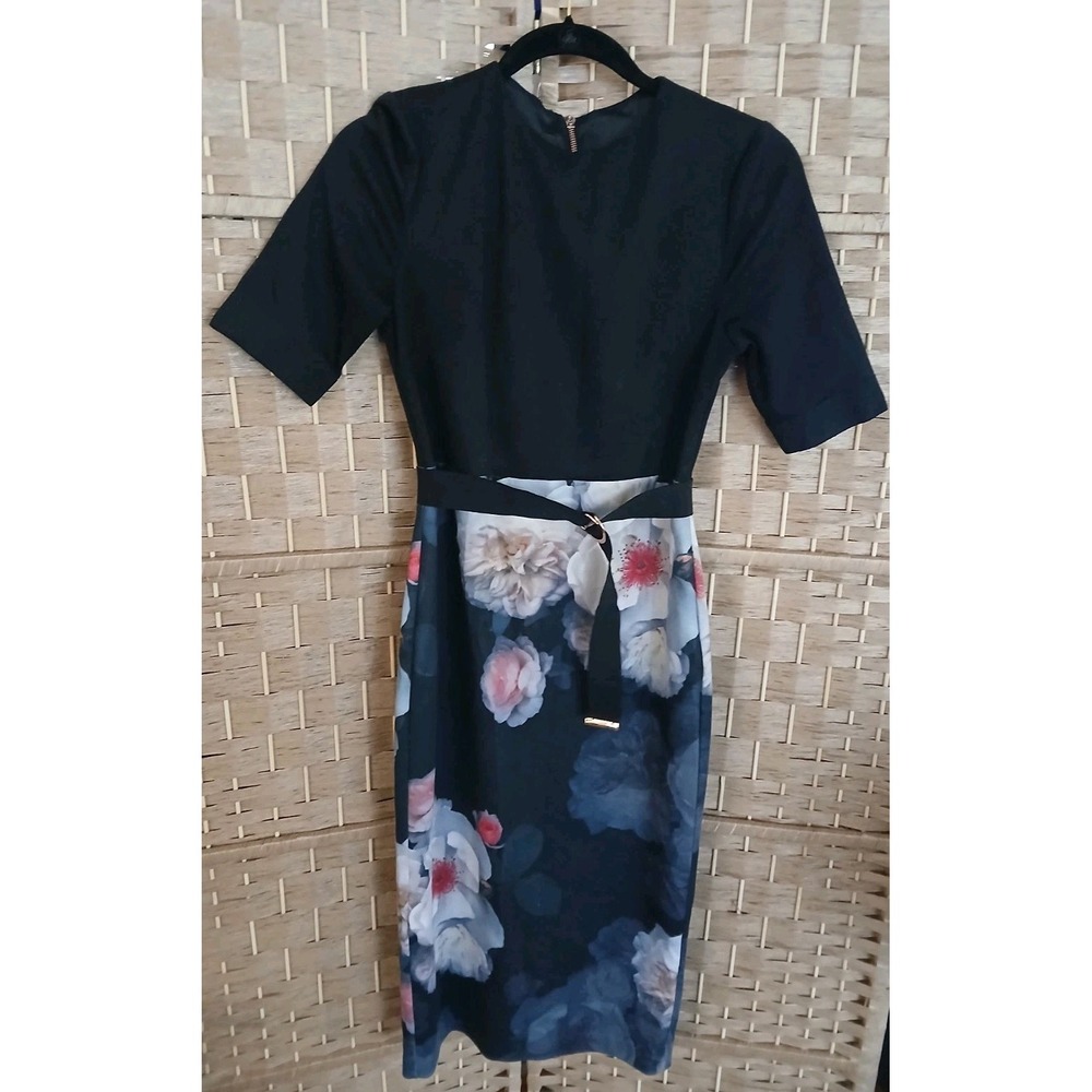 Ted Baker London Black And Floral Belted Sheath Midi Dress Sz 2